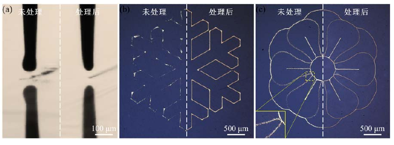 图1-1 (a)午夜福利试看体处理前后PI表面电流体喷印时喷嘴状态;(b)处理前后PI表面打印图案对 比;(c)处理前后陶瓷表面打印图案对比。 